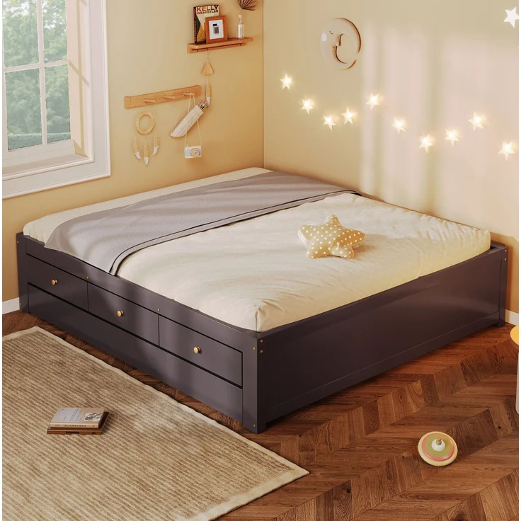 Holzbett mit 3 Schubladen & Ausziehbett, 140x200 cm, Kaffeebraun, ohne Matratze – Bild 3