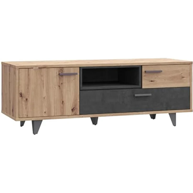 Forte Raven TV-Schrank 150 160, moderner Schrank mit 1 Tür, 2 Schubladen, Holzwerkstoff, Artisan Eiche Holzdekor/Betonoptik Dunkelgrau, 154,5 cm breit x 54,4 cm hoch x 52,2 cm tief – Bild 5