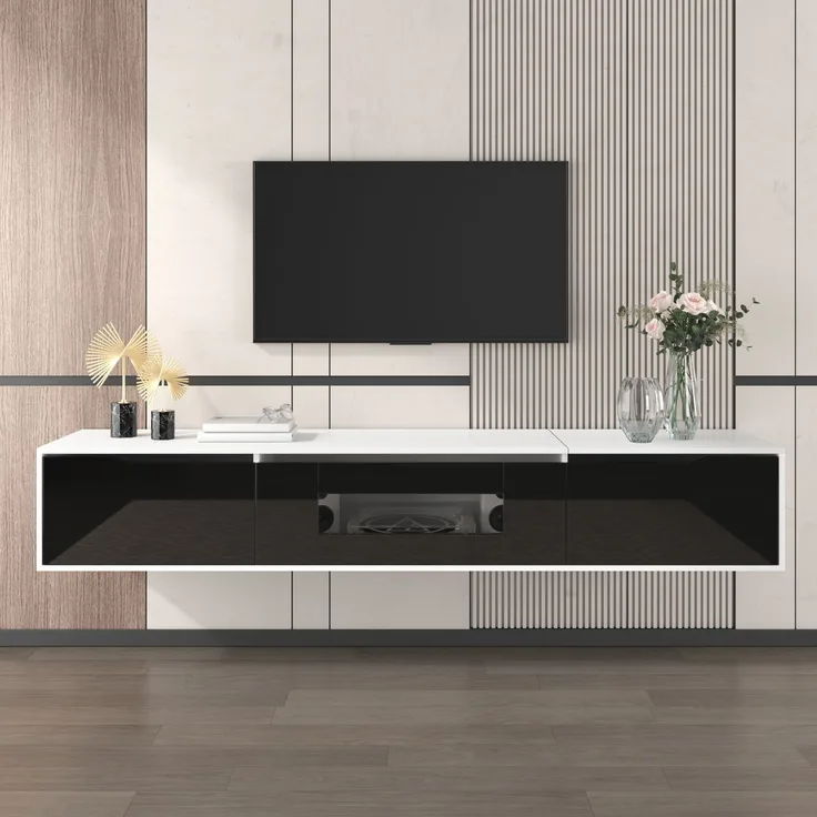 TV-Schrank, schwarze Hochglanzfront (nur Front), mit 16-Farben-LED & geriffelten Türen, 180x35x30 cm