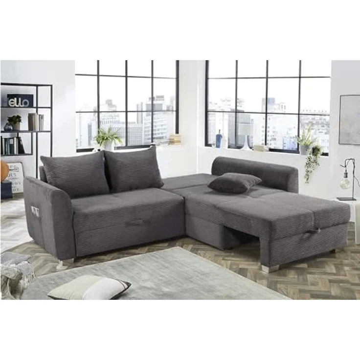 Ecksofa L-Form Couch Polsterecke Schlaffunktion Bettkasten Cord Dunkelgrau – Bild 6