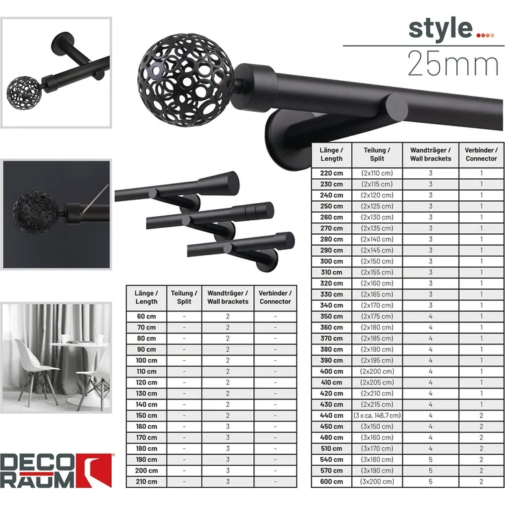 Deco-Raum® Deco-Raum Gardinenstange 25mm 1-läufig Kugel | Länge: 310cm | Material: metall | Farbe: Schwarz-matt – Bild 4