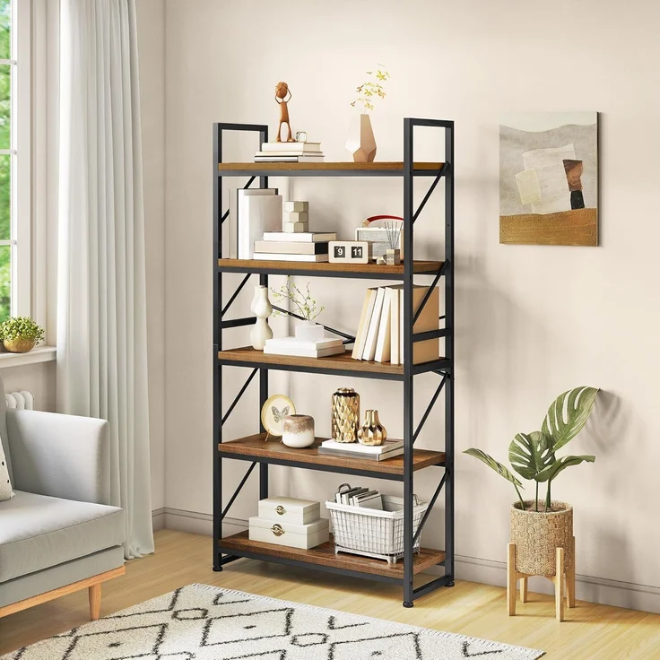 YITAHOME Bücherregal mit 5 Ebenen, Großes Standregal, Holzregal und Metallrahmen, Industrieregal, Bodenstehendes Lagerregal, für Wohnzimmer, Home Office, Vintagebraun Regal – Bild 1