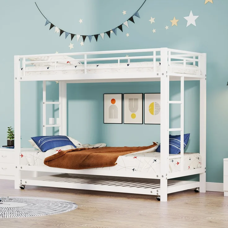 Etagenbett 90x200 cm mit ausziehbarem Rollbett, Metallrahmenbett mit hohem Sicherheitsgeländer, Kinderbett mit Doppelbettfunktion,Weiß – Bild 4