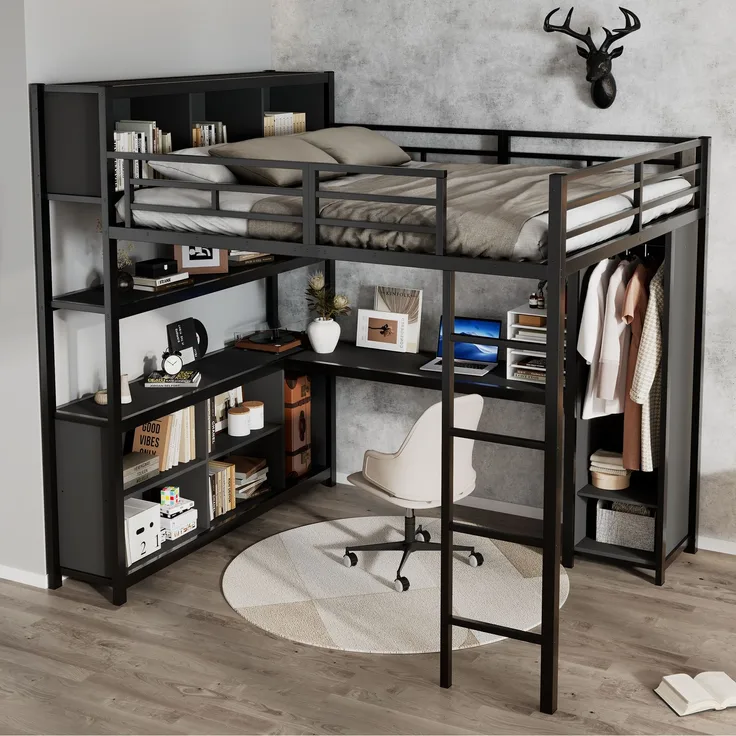 EINHOM Eisenbett, Hochbett, Doppelstöckiger Stauraum unter dem Schreibtisch, Oberes Bett mit Stauraum, Mit Kleiderschrank, Eisen + Spanplatte, Schwarz, 140 x 200 cm (Ohne Matratze)