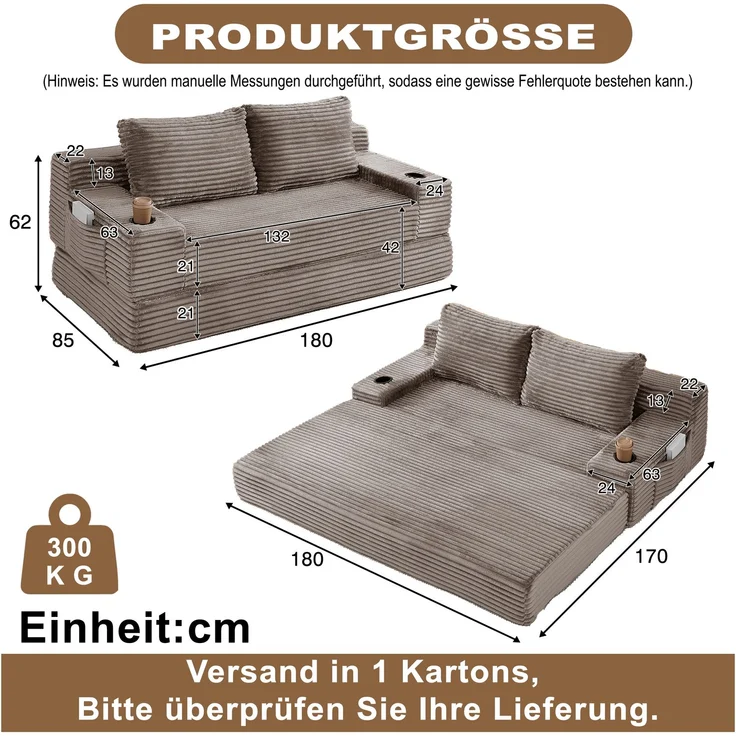 ZUBALIYA Sofa mit LED - Beleuchtung, mit Stauraum, mit Cordbezug, mit breiten Armlehnen, ohne aufwendige Montage – Bild 2