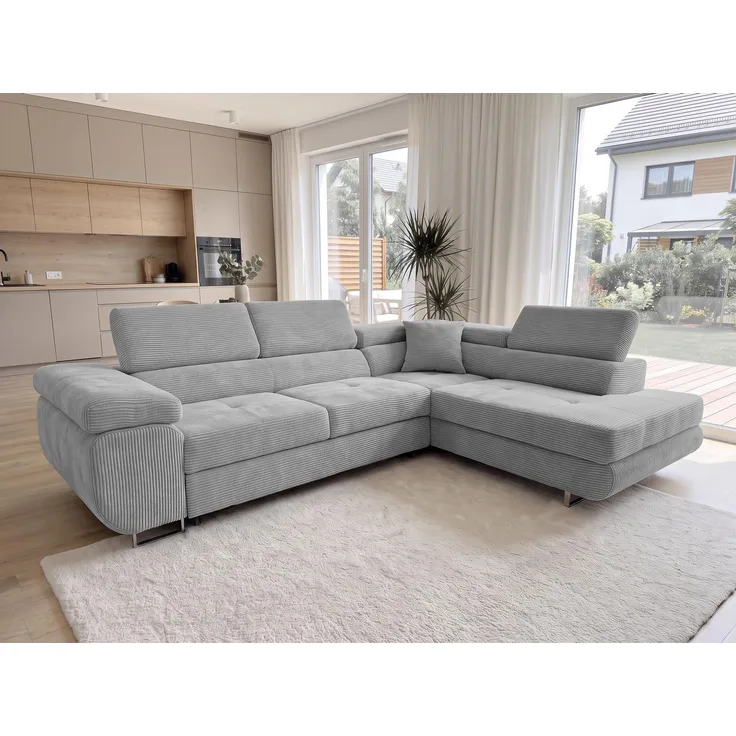 AX LIVING Konak Cord-Schlafsofa R Hellgrau 276 cm breit – Bettkasten & Kopfstützen