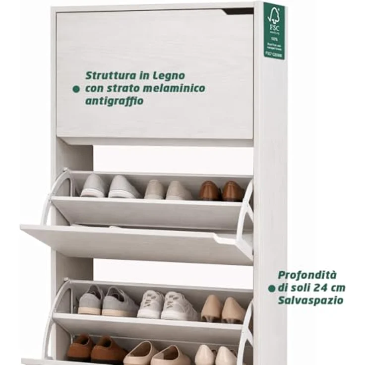 BAKAJI Schuhschrank aus MDF-Holz mit 3 Türen, Schuhschränke, versenkbare Griffe, doppelte Tiefe, kompakte Größe, 63 x 24 x 115 cm, Eingang für Zuhause (Weiß) – Bild 5