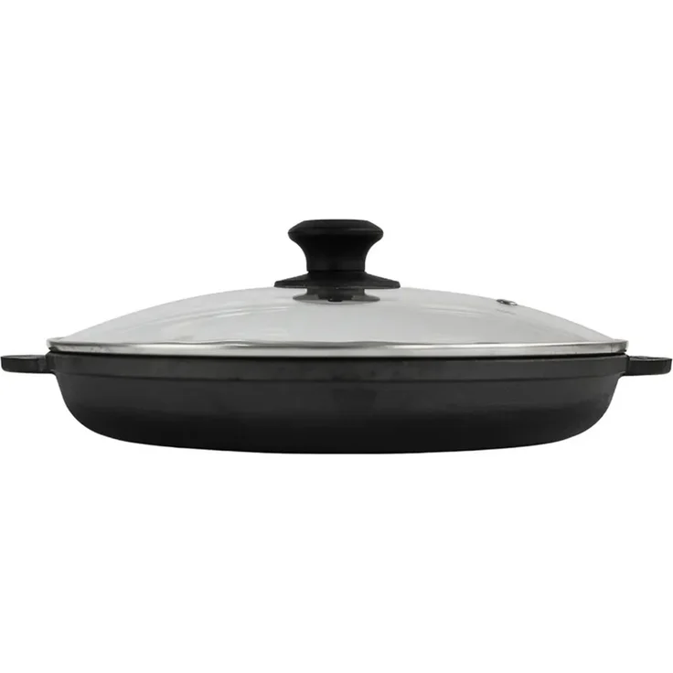 Ø26cm Grillpfanne aus Gusseisen Bräter mit Glasdeckel Schmortopf zwei Griffe Servierpfanne Grill – Bild 3