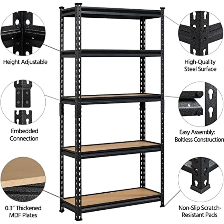 Yaheetech 5-stufiges Lagerregal mit verstellbaren Regalböden, Schwerlastregal Kellerregal Standregal Steckregal je Fach 175kg belastbar, 75 x 30 x 153 cm/schwarz – Bild 4