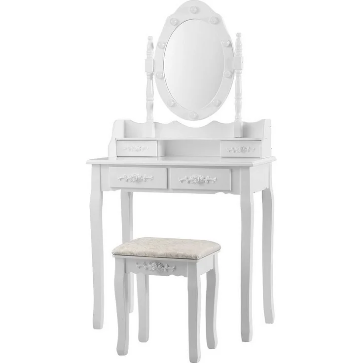 COSTWAY Schminktisch mit Hocker, 360° drehbarem Spiegel und 10 dimmbaren LED-Birnen, Frisiertisch aus Tisch und Abnehmbarer Oberteil, Kosmetiktisch mit 4 Schubladen, 75 x 40 x 146 cm (Weiß) – Bild 1