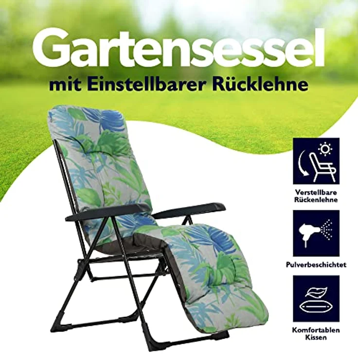 Kadax Gartenliegestuhl, Einstellbare Lehne, Grau-Grün, Metall, 58x152 cm, Gartenmöbel – Bild 3