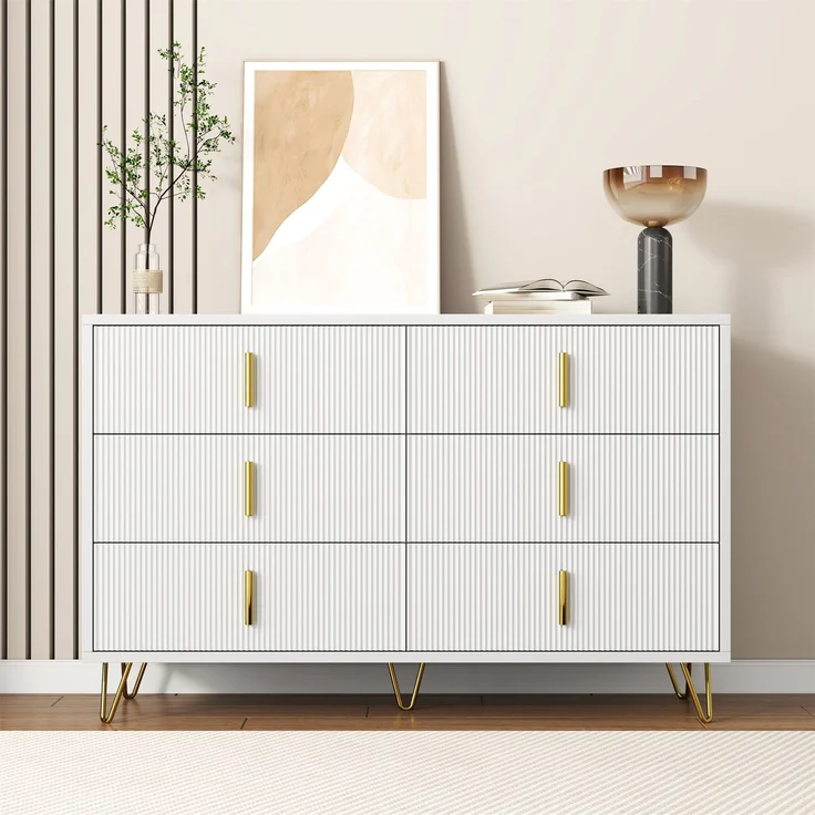 Sideboard 120x40 cm Weiß Gold 6 Schubladen Wellenfront TV Schrank Lowboard Aufbewahrung Wohnzimmer Esszimmer – Bild 2