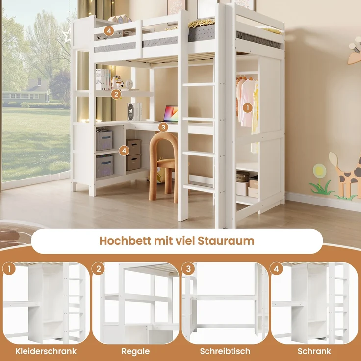 Merax Hochbett, Kinderbett 90x200 cm, mit Regale, mehrere Ablagefächer, Schreibtisch, Kleiderschrank, ohne Matratze, Weiß – Bild 6