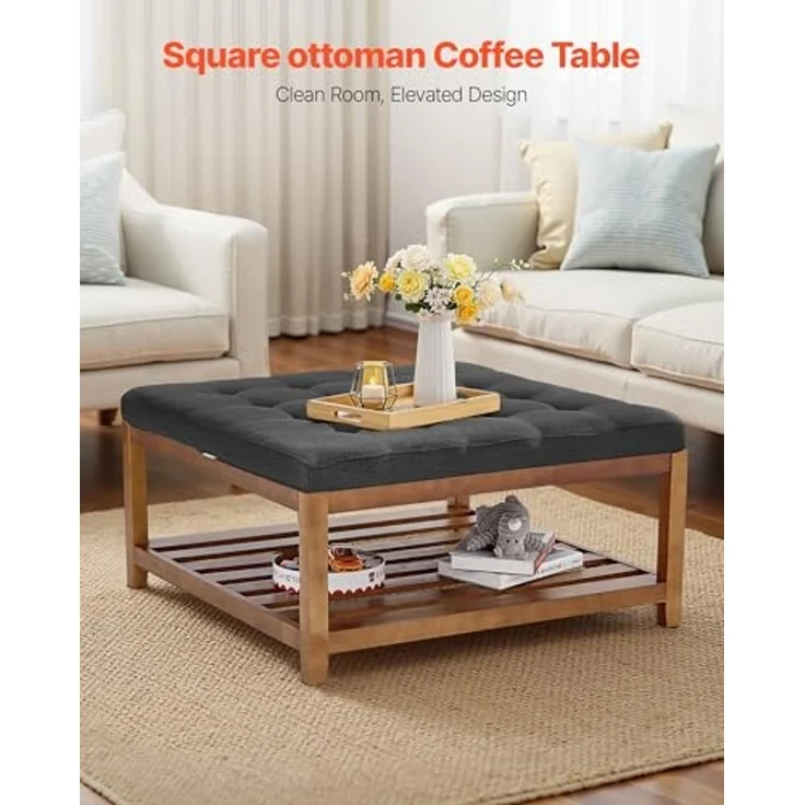 VEVOR quadratischer Couchtisch (875 x 875 x 445 mm) mit Ablagefläche aus Massivholz, massiv gepolsterte Ottomane mit Fußstütze aus Leinen für Schlafzimmer Wohnzimmer, 181,44 kg, Dunkelgrau – Bild 4