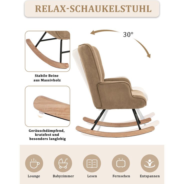 GOEURVANT 5006 Schaukelstuhl ohne Hocker (Relaxsessel, Ohrensessel) - Feincord - Camel – Bild 8