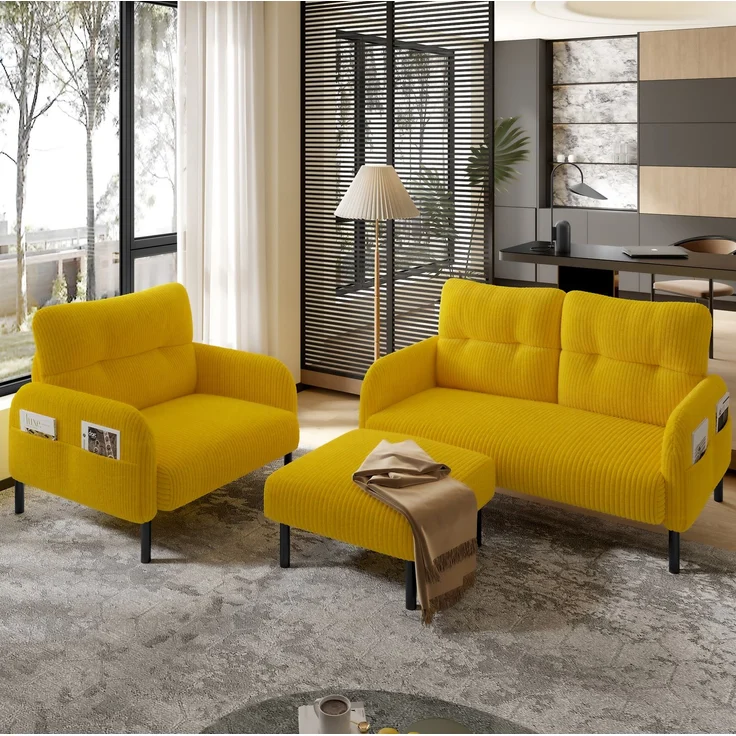 Fußhocker aus Cord mit Polsterung und Metallgestell, 56x51x39 cm, Gelb – Bild 2