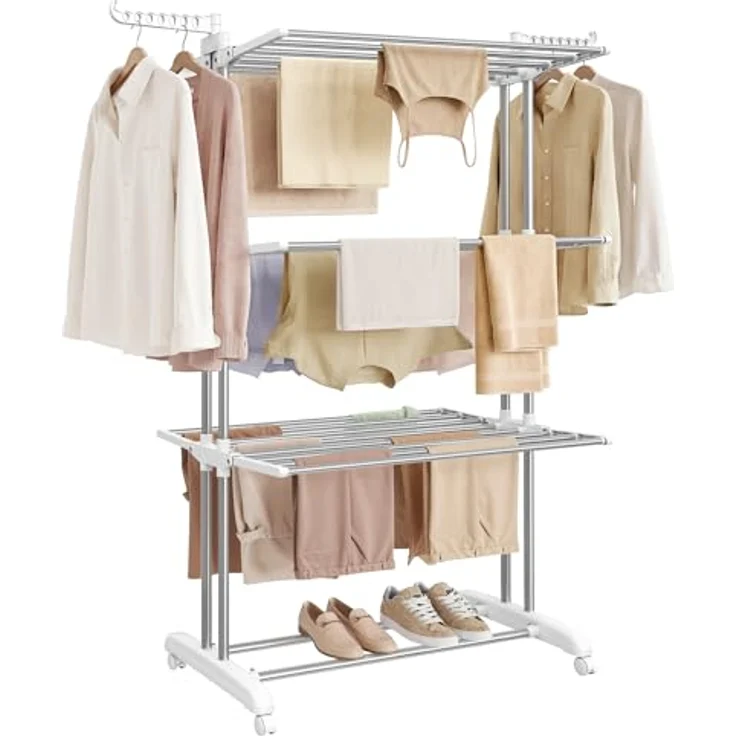 SONGMICS Wäscheständer, Standtrockner 4 Ebenen, Flügelwäscheständer, klappbare Flügel, mit Rollen, 63,5 x 128 x 173 cm, groß, einfacher Aufbau,Silbergrau-wolkenweiß LLR701EW01 – Bild 1