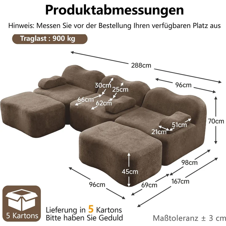 EINHOM 3-Sitzer U-förmiges Modulares Boneless Sofa mit 2 Ottomans, 32D Hochdichtschaum, Wellenform, tiefe Sitzfläche, bewegliches Armlehnenkissen, für Wohnzimmer, Braun – Bild 2