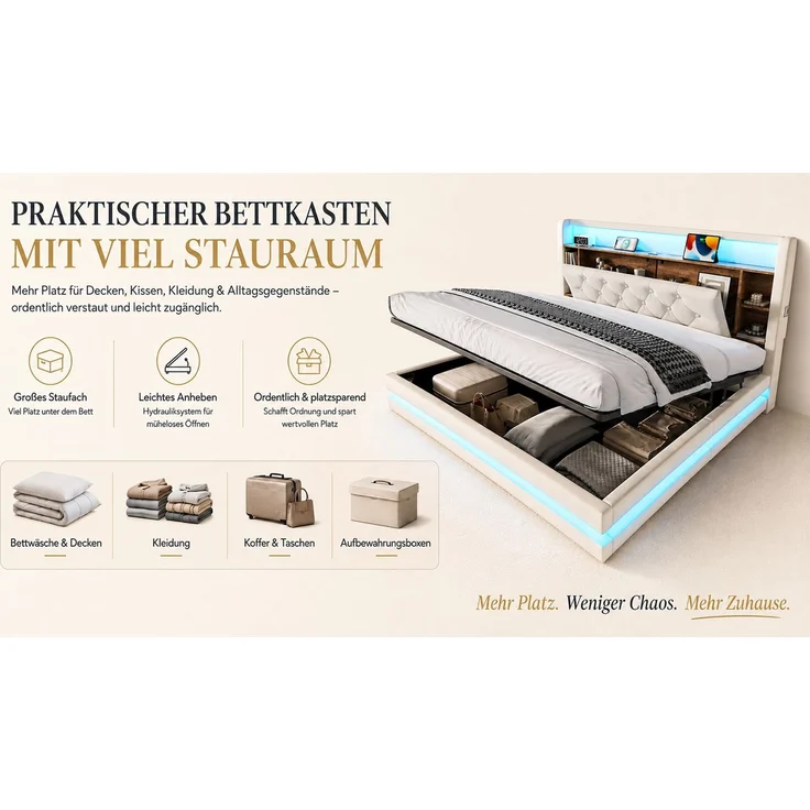 TavilaEcon Boxspringbett Samtbett, Polsterbett mit LED-Beleuchtung & USB-Ladefunktion beige Liegefläche 160 × 200 cm – Bild 10