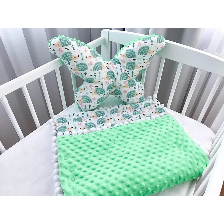 Babydecke Kuscheldecke Krabbeldecke 100% Baumwolle und Plüsch Minky (50x75 cm) + Großer Kissen Schmetterling