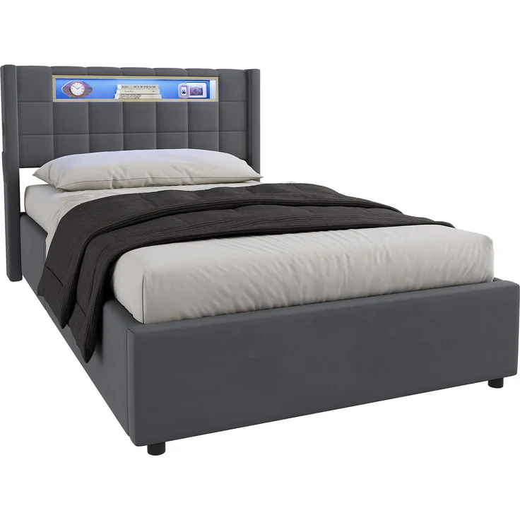Polsterbett 90x200 cm mit hydraulischem Stauraum, LED-Beleuchtung und USB-Anschlüssen – Ohne Matratze – Bild 6