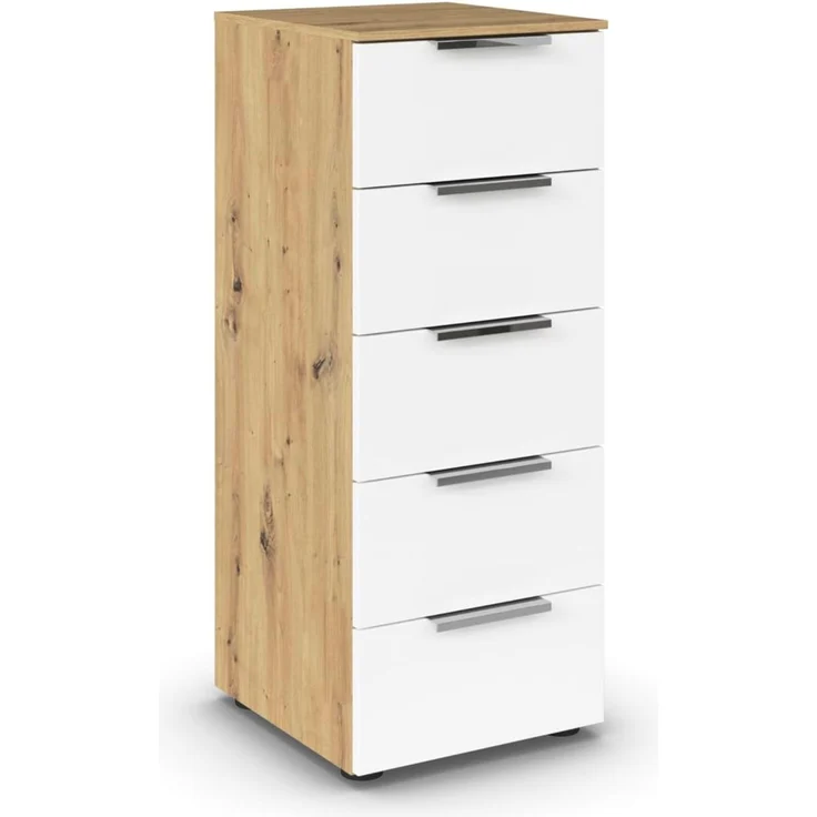 Rauch Möbel Flipp, Kommode für Schlafzimmer, Kinderzimmer, Wohnzimmer, Jugendzimmer, Flur, Garderobe, 5 Schubladen, mit Softclose Funktion, Farbe Eiche Artisan, Holz/Weiß, Breite 40 cm