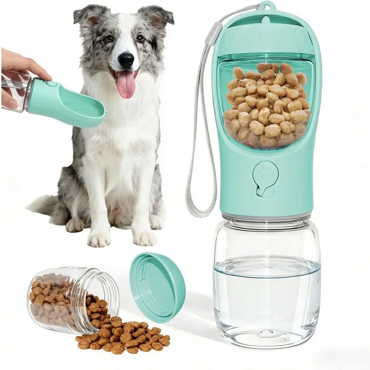 TUWENA Futternapf Trinkflasche Hunde für Unterwegs 330ml, Trinkfutterspender Haustiere, 2-in-1 mit Futterfach, doppelt leckdicht, kompakt, spülmaschinenfest
