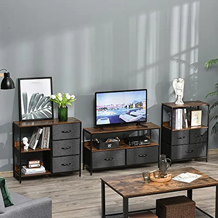 HOMCOM Kommode, 3 Schubladen und 3 Regale, Metallrahmen, Braun+Schwarz, 80x71x29 cm – Bild 8