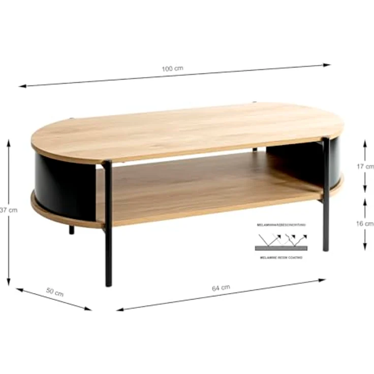 XXXL Couchtisch, oval, schwarz, Eiche, Metall, Holzwerkstoff, 54x37x100 cm – Bild 3