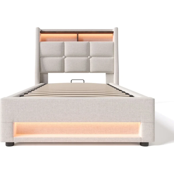 Polsterbett 90x200 cm Einzelbett mit LED-Beleuchtung, USB-Ladestation, Lattenrost und Stauraum, Leinen, Beige – Bild 7