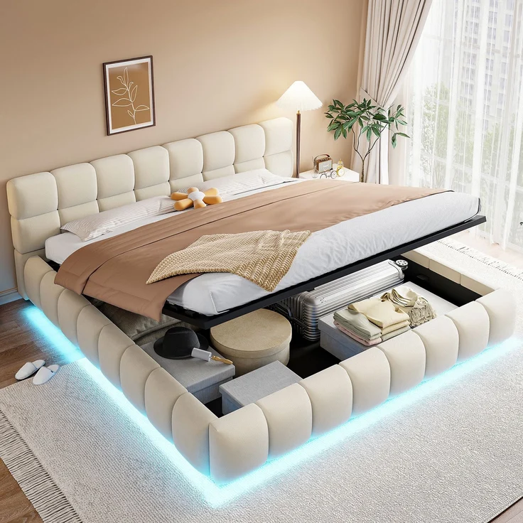 Merax Polsterbett 180 x 200 cm Doppelbett, Mit Lichtleiste, Kopfteil und Bettseiten mit voluminöser, Solider Formgebung, Ausgestattet mit hydraulischer Staufunktion, Samt, Beige – Bild 3