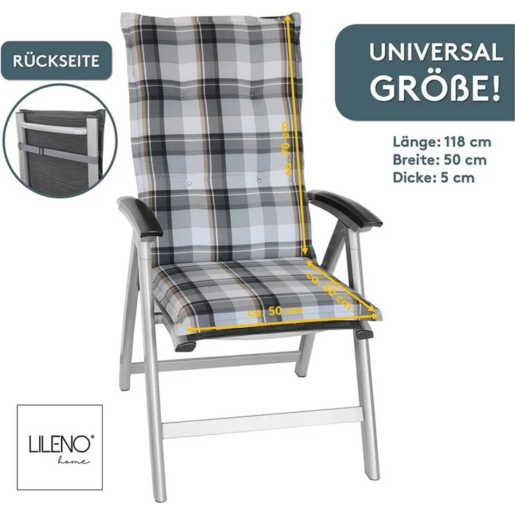 LILENO HOME Hochlehnerauflage Gartenstuhl Auflage, bequeme Sitzauflage für Gartenmöbel, Stuhlkissen, (2 St, 2er Set), Polsterauflage Karo Grau, Sitzpolster für Klappstühle – Bild 2