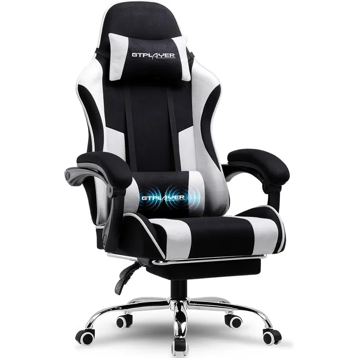 GTPLAYER Gaming Stuhl, Bürostuhl, Ergonomischer Pc Stuhl, Gaming Sessel mit Massagelendenwirbelstütze, Task Stühle mit Fußstütze und Kopfstütze, Weiß Stoff