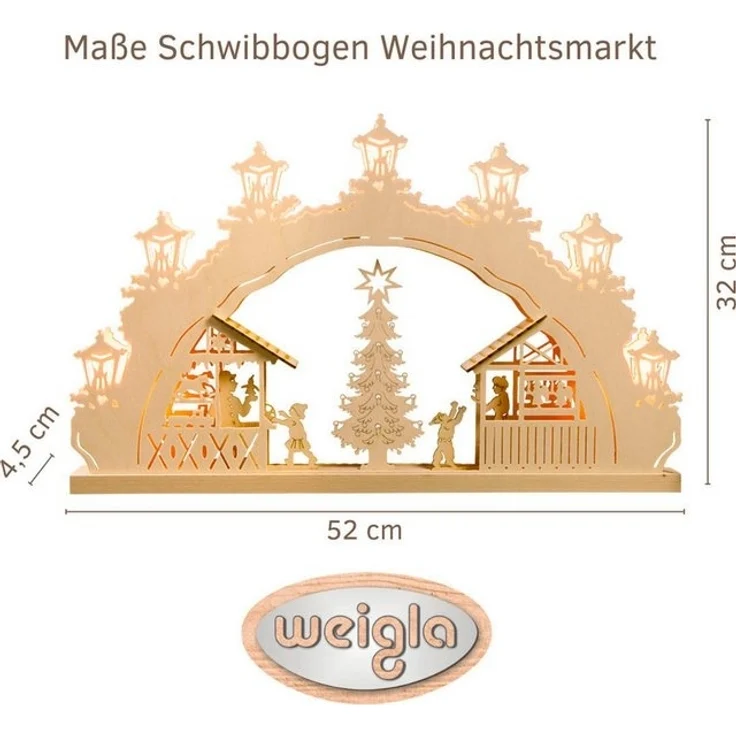 Weigla LED Schwibbogen Weihnachtsmarkt, Lichterbogen aus Holz, NATUR, Made in Germany (1-tlg), Erzgebirge garantiert, Weihnachtsdeko Innen, Weihnachtsbeleuchtung – Bild 4