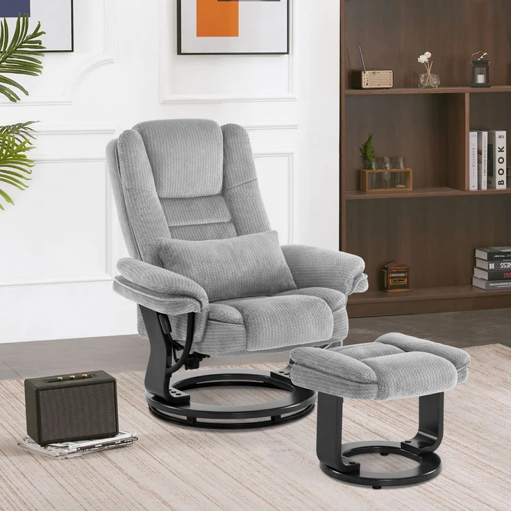 M MComboRelaxsessel mit Liegefunktion, 360°Drehbarer Fernsehsessel mit Hocker, bis 120 Kg Belastbarer TV-Sessel für Wohnzimmer, mit Kissen & Seitentasche, Lesesessel Bequem, 9099 (Hellgrau-Stoff) – Bild 2