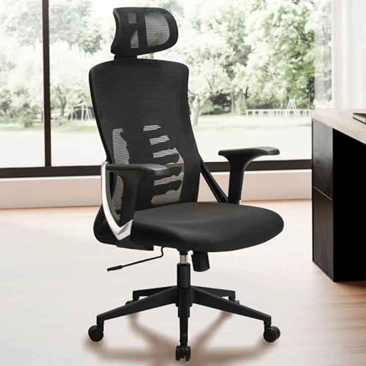 MID.YOU Drehstuhl Schwarz, Textil, ergonomisch mit Wippfunktion, 360° drehbarer Sitzfläche, S-Form Rückenlehne, inklusive Armlehnen, für Arbeitszimmer – Bild 2