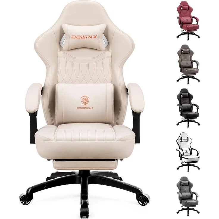 Dowinx Gaming Stuhl mit Frühling Kissen,Racing Gamer Stuhl mit Massage Lendenwirbelstütze, Ergonomischer Gaming Sessel mit Fußstütze Bürostuhl PU Leder Weiß