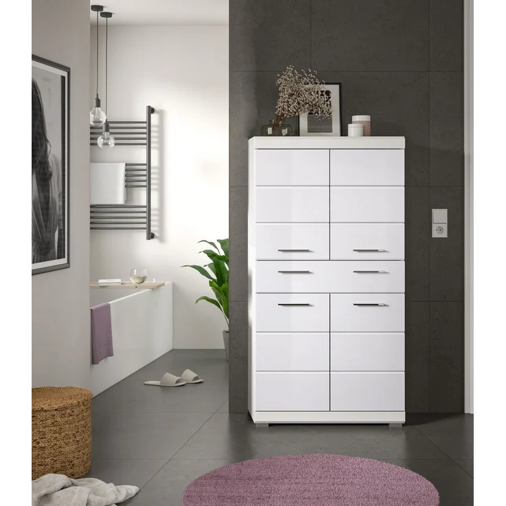 Xonox Scout Badmidischrank (B/H/T: 74x141x31 cm) in weiß Nachbildung und weiß Hochglanz tiefzieh – Bild 6
