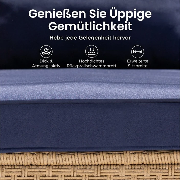 PHI VILLA Gartenlounge-Set, (1 Zweisitzer-Sofa, 1 Chaiselongue und 1 Kleiner Couchtisch, PE Rattan Lounge Möbel Outdoor), 4 Personen Terassenmöbel Außen Gartensofa, Beige und Dunkelblau – Bild 4