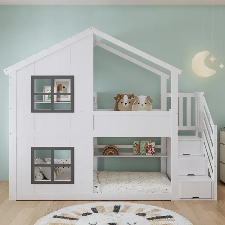 Etagenbett mit 2 Liegeflächen, Lattenrost, Regal, Treppe, Stauraum und Rausfallschutz, 90x200cm, Kinderbett, Jugendbett