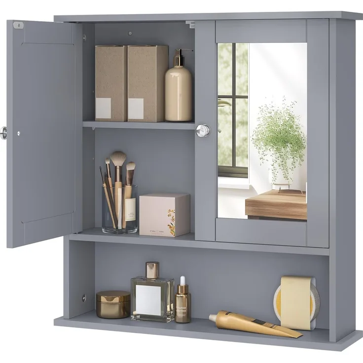 eSituro SBP0059 Spiegelschrank Badspiegel Hängeschrank mit Türen Wandschrank Badschrank Grau BHT ca: 56 x 58,3 x 13 cm