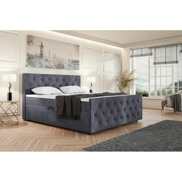 MEBLINI Boxspringbett PEDRO 160x200cm - H3B/Dunkelgrau Samt - mit Bettkasten - Polsterbett - Doppelbett mit Topper & Bonellfederkern-Matratze