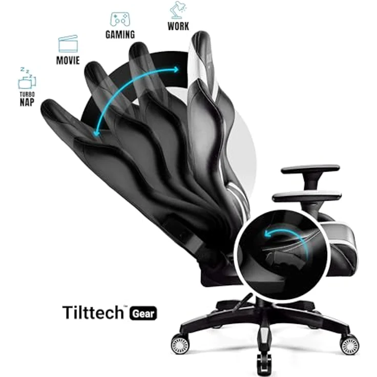 Diablo Anpassbarer Gaming Stuhl Ergonomisch X-Horn 2.0 | Verstellbare Rücken-, Sitz- und Armlehnen | Nacken-/Lendenkissen, Eco Lederpolsterung | Ergonomischer Gamer Stuhl | Normal (L) | Schwarz-Weiß – Bild 5