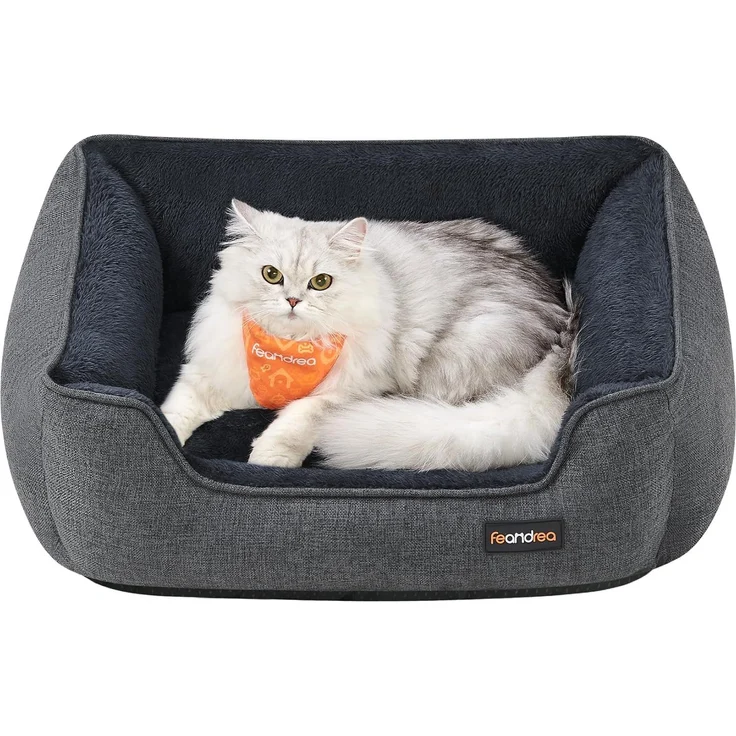 Feandrea Katzenbett, Hundebett, Hundekissen in Leinenoptik, erhöhte Ränder, rutschfeste Unterseite, Bezug abnehmbar waschbar, S, für Minihund, 60 x 50 x 21 cm, dunkelgrau PGW009G01 – Bild 1