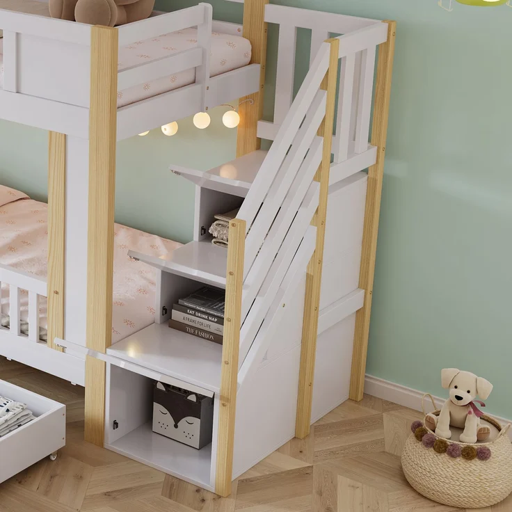 Etagenbett 90×200 cm platzsparendes Kinderbett mit Treppenschrank & 3 Schubladen auf Rollen,kleine Kritzeltafel,Weiß & Natur – Bild 4