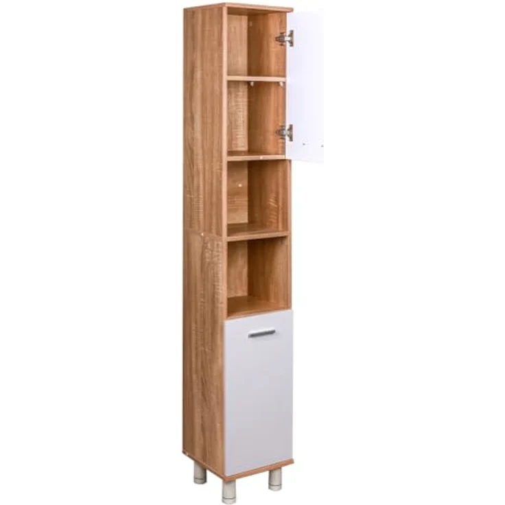 Shally Dogan Hocher, platzsparender Schrank mit 2 Türen, schmaler freistehender Schrank mit 4 Füßen, Mehrzweck-Aufbewahrungsregal, Wohnzimmer, Badezimmer, Küche, Bücherregal, Büro (Weiß + Eiche) – Bild 5
