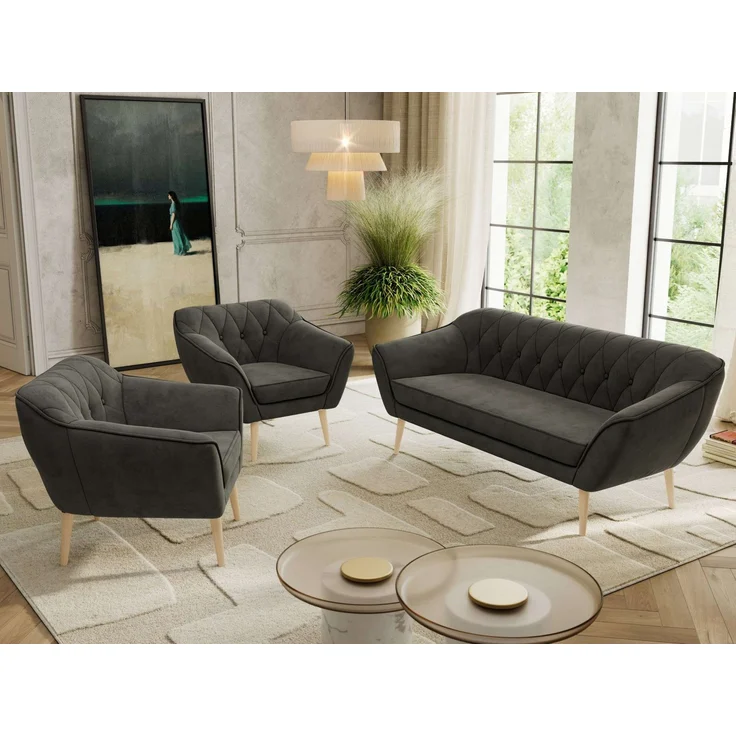 Wohnzimmerset PIRS 1-1-3, Skandinavisches 3-Sitzer Sofa mit Sesseln, Sofa mit Wellenfederung, Buche Füße, Skandinavisches Möbelset - Dunkelgrau Velvet – Bild 3