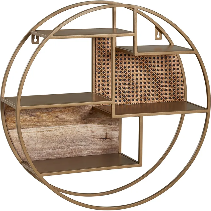 Kadima Design Wandregal, Industrial-Stil, Rattan/Metall/Massivholz, 5 Ablageflächen, Handgefertigt. 62x62x17 cm