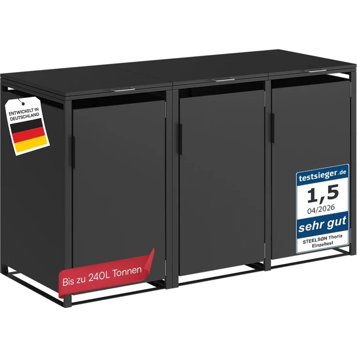 STEELSØN 'Thoria' Mülltonnenbox 3er je 240 Liter, graphitschwarz, Mülltonnenverkleidung aus Stahl, wetterfest, 116x80x203 cm, Müllbox für 3 Tonnen – Bild 1