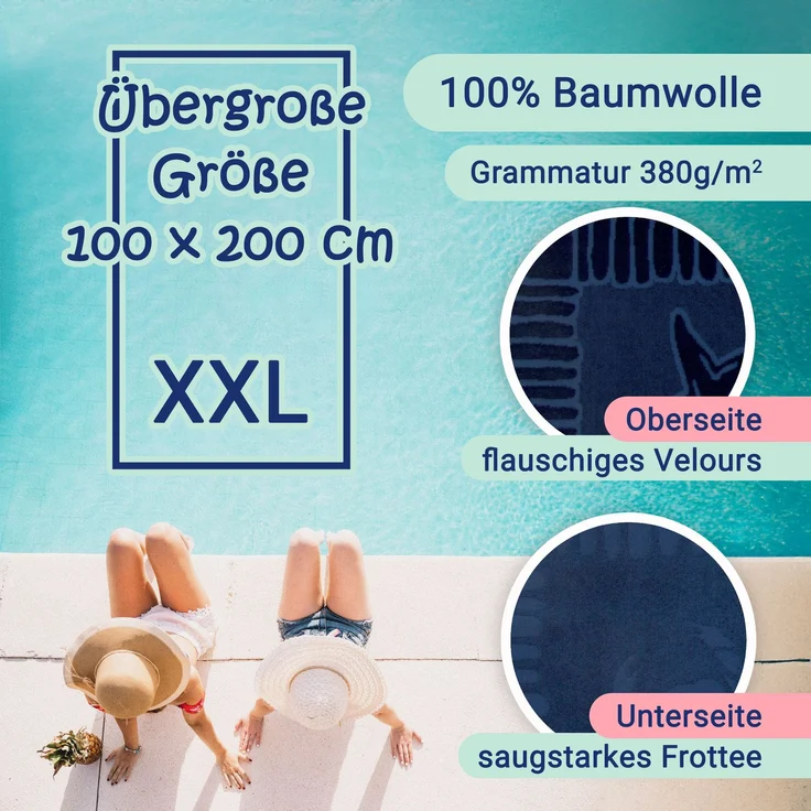 ZOLLNER Strandtuch XXL aus Baumwolle, 100x200 cm, dunkelblau mit Meerestiermotiven – Bild 2
